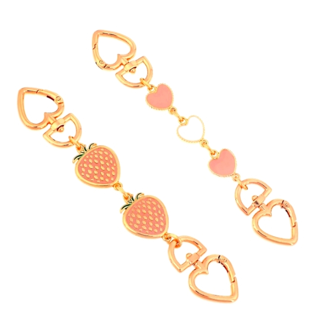 Purse Strap Extenders Pink Strawberry/ Pink & White Hearts Gold Chain  2 Pc Set